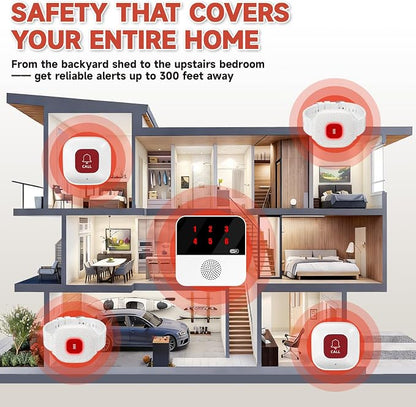 WiFi Wireless Caregiver Pager for Elderly, Wi-Fi Pager | No Monthly Fee, 2 Waterproof Caregiver Call Buttons and 2 Wristbands Panic Button, Life Alert System with App