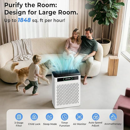 Airtok Air Purifiers for Home Large Room Up to 1848sq.ft, HEPA Air Purifier for Bedroom, Pet Hair Air Cleaner with Washable Filter, Aromatherapy, Sleep Mode Air Cleaners for Smoke, Office-AP3001 White
