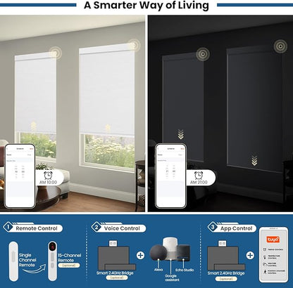 No Drill Motorized Blinds with Remote, Blackout Automatic Blinds with Solar Panel, Cordless Smart Electric Roller Shades for Windows, White, 38 x 72