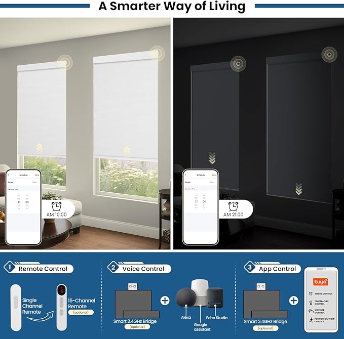 No Drill Motorized Blinds with Remote, Blackout Automatic Blinds with Solar Panel, Cordless Smart Electric Roller Shades for Windows, White, 21 x 72
