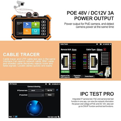Rsrteng CCTV Camera Tester with Cable Tracer WT255, IPC-1900C Plus 4K 8MP 8K 32MP IP Camera Test 4inch IPS Touch Screen CCTV Tester Support POE PTZ DC12V Output IPC Tester