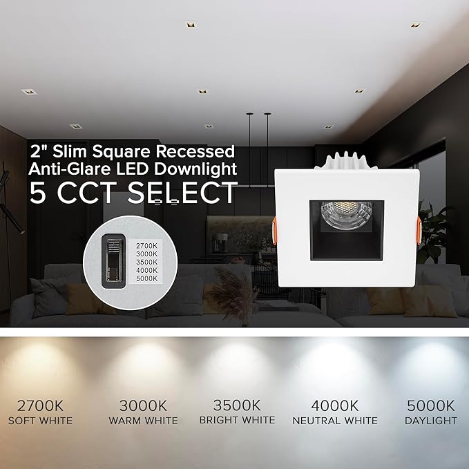 Maxxima 2 in. Ultra-Thin Recessed Anti-Glare LED Downlight - Canless IC Rated, 500 Lumens, 5 Color Temperature Selectable 2700K/3000K/3500K/4000K/5000K, Dimmable Square White Trim Black Baffle, 90 CRI