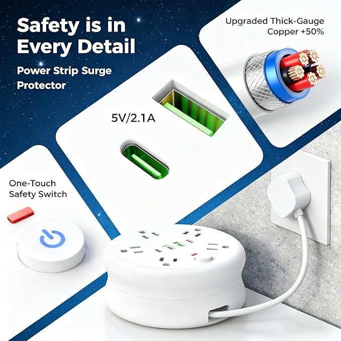 Power Strip Surge Protector-6.56 ft Retractable Travel Extension Cord Portable Powerstrip with 5 Outlet 2 Smart USB Port 2 USB C for Home Office Travel White