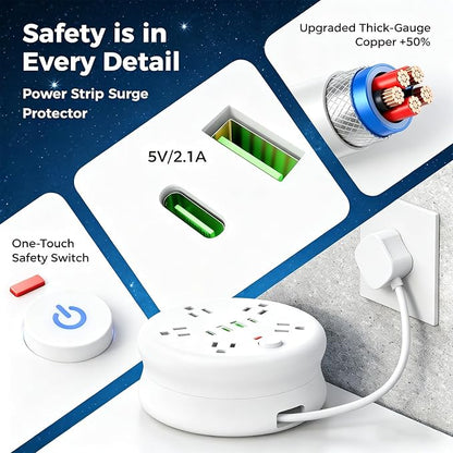 Power Strip Surge Protector-6.56 ft Retractable Travel Extension Cord Portable Powerstrip with 5 Outlet 2 Smart USB Port 2 USB C for Home Office Travel White