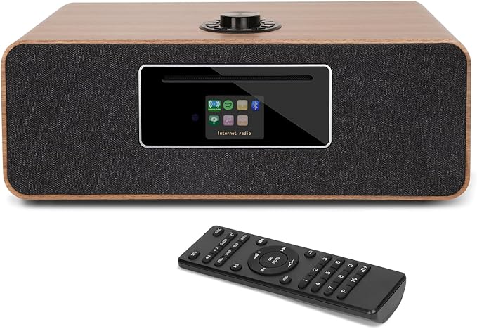 MS5 Upgrade Premium Internet Radio,Spotify HiFi,Bluetooth Stereo System for Home with CD Player,FM Radio, Acoustic Wood Cabinet,AUX & USB Input,50 Presets, OKTIV APP & Remote Control- Walnut