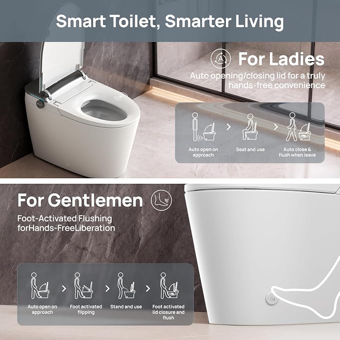 Smart Toilet with Bidet Built-in: Bidet Toilet with 5L Tank, Remote with Display, 5 Level Adjustable Heated Seat& Wash &Dryer, One Piece Toilet with Auto Flush Lid&Seat, Foam, Foot Sensor, UV-C Light