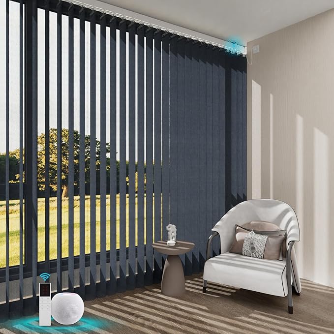 Motorized Sheer Vertical Blinds Work with Alex Google Home, Light Filtering Smart Vertical Blind Sliding Door Blinds Remote Control Blinds for Sliding Glass Door Customize(Elegant Denim Blue)
