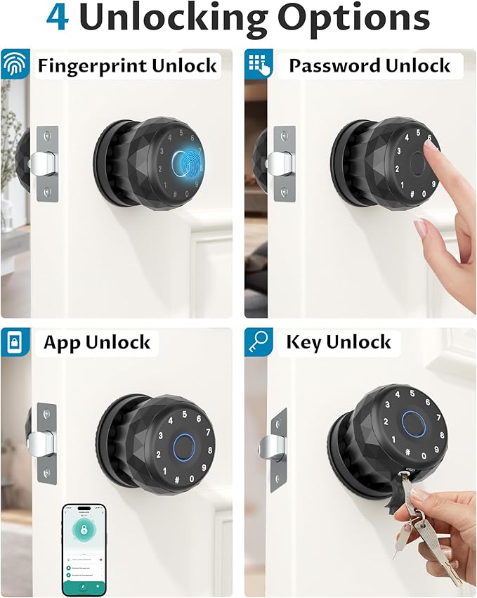 Smart Door Knob with Keyless Entry, Fingerprint Door Lock with Keypad & App Control, Auto Lock, Easy Install, Electronic Door Lock for Bedroom, Apartment, Office