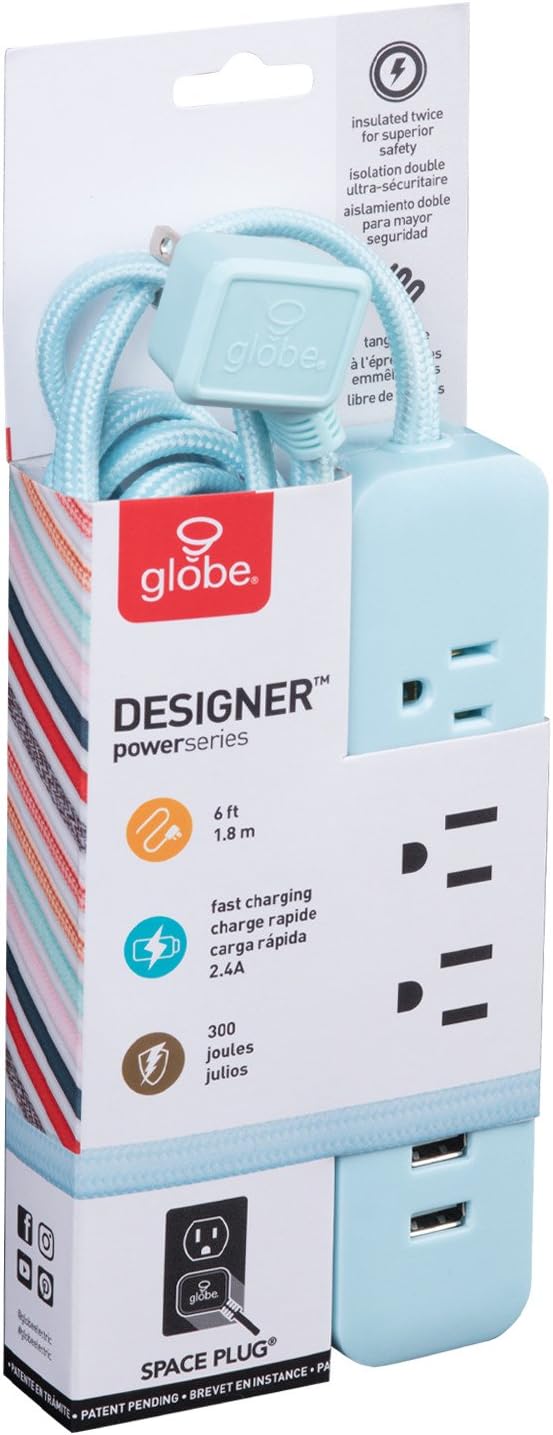 Globe Electric 78255 Designer Series 6ft 3-Outlet USB Surge Protector Power Strip, 2X USB Ports, Surge Protector, Mint Finish