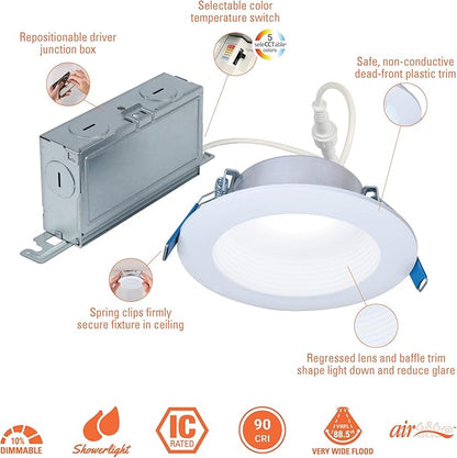 HALO LT 4 in Canless LED Recessed Light Indoor/Outdoor Dimmable Ceiling Downlight, Wet Location Rated, Selectable Color Temperature 2700K-5000K, 650 Lumens, Matte White - LTC406FS5B