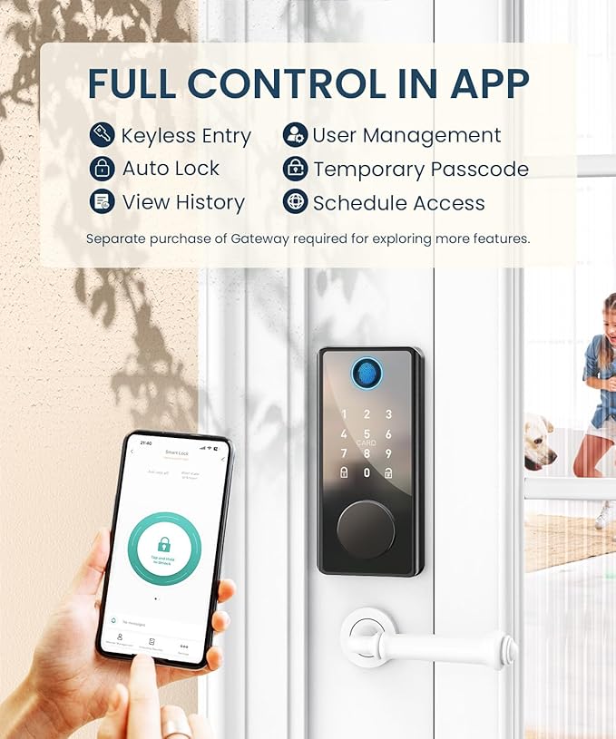 Keyless Entry Smart Deadbolt Lock – Keypad Fingerprint Touchscreen & App Control, Smart Door Lock, Easy Install for Home/Office, Auto-Lock