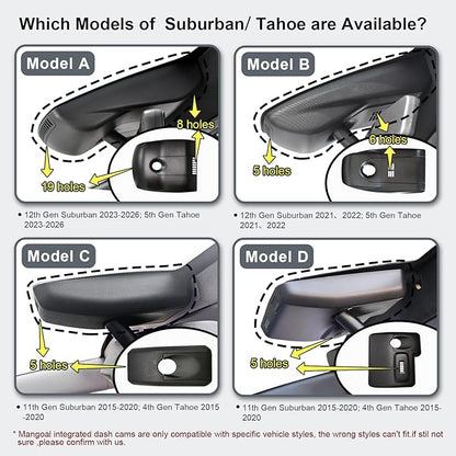 Mangoal Front 4K & Rear 1080P Dash Cam Custom fit for Chevy Suburban/Tahoe 2015 2016 2017 2018 2019 2020(Model D), Model D & Model C Have Same Models Years but Vehicle Sensor Cover are Different