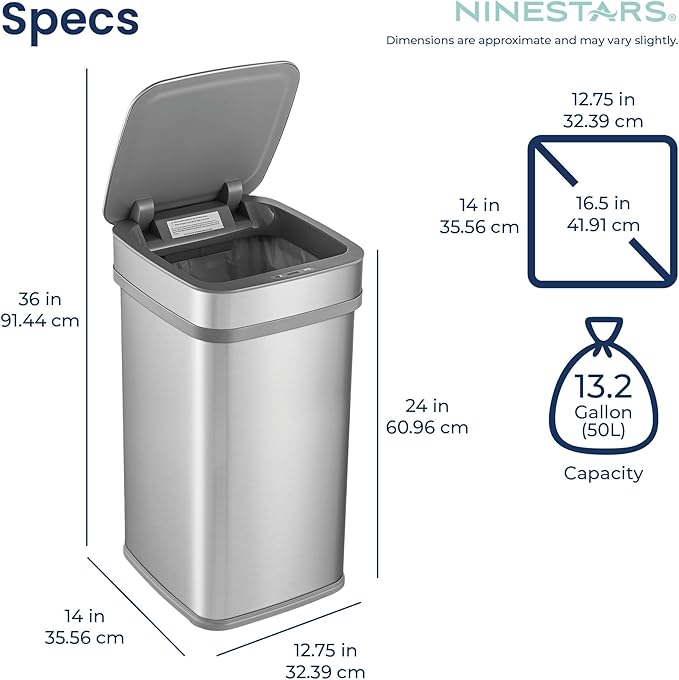 Ninestars 13 Gallon Odor Neutralizing Smart Trash Can, UV + Ozone Dual Purification, Odor Control Motion Sensor Garbage Bin, Universal Power Adapter, ONT-50-82SL Stainless Steel, Silver, Nova Series