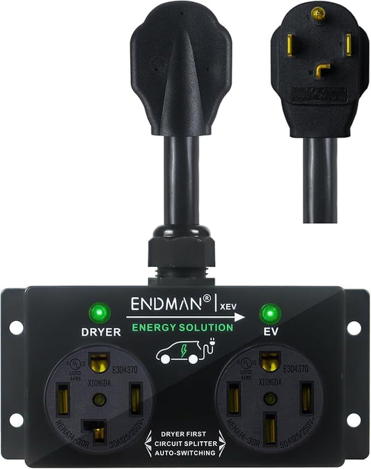Automatic Power Switch & Adapter (NEMA 14-30P to 14-50R) - Intelligent Dryer Splitter Sharing 240V Outlet - Level 2 EV Charging Station for Tesla & All EVs