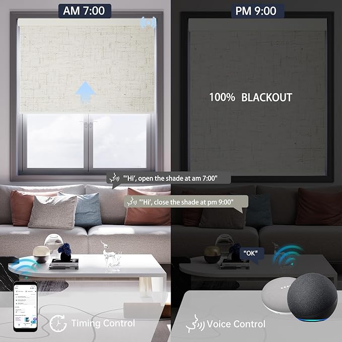Motorized Blinds with Remote, Blackout Smart Blinds for Windows Automatic Roller Shades Compatible with Alexa, Motorized Shades Customized for Bedroom Home Office (Blackout-Line White)