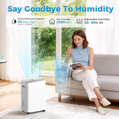 2500 sq.ft Dehumidifier for Home and Basement,Max 34 Pints Dehumidifier with Drain Hose,Ultra Quiet with Auto Defrost,Three Modes,Intelligent Dehumidifier for Bedroom,Bathroom,Large Room(White)