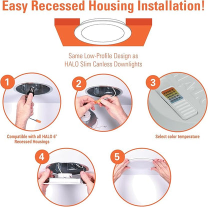 HALO HLBT 6 Pack 6 in Slim LED Recessed Light Trim with Selectable Color Temperature 2700K, 3000K, 3500K, 4000K, 5000K Dimmable Wet Location Indoor Outdoor New Construction Remodel - HLBT609FS5-6PK