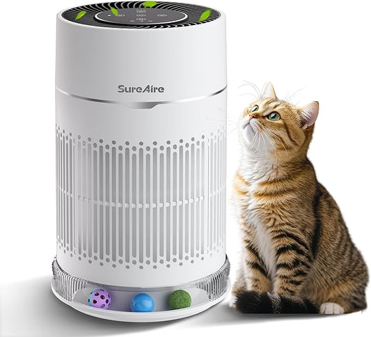 Cat Air Purifier with Interactive Ball, HEPA Filter for Pet Hair Odor, 360° Air Outlet for Small Room, Bedroom, Dorm, Desktop