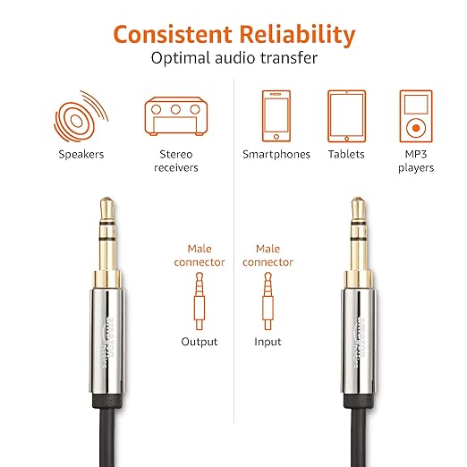 Amazon Basics 2-Pack 3.5mm Stereo Audio Cable for Car Stereo, Speaker or Subwoofer with Gold-Plated Plugs, Smartphone Compatible, 4 Foot, Black