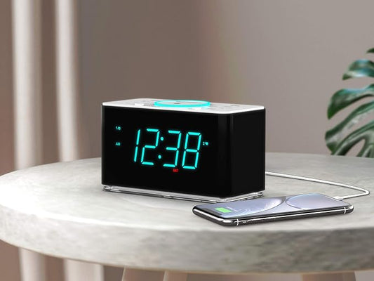 Emerson ER100401 Smartset 15Watt Ultra Fast Wireless Charging Dual Alarm Clock Radio with Bluetooth Speaker, USB Charger, Cyan LED Night Light and 1.4" Display