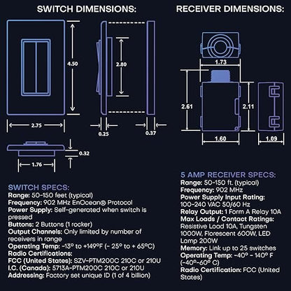 RunLessWire Fan & Light Battery-Free DIY Wireless Light Switch Kit 150ftRF Range Kinetic for Bathrooms & Ceiling Fans: 1 Dual Remote Switch Controls 2 5A On/Off Receivers Separately White