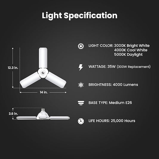 Feit Electric LED Garage Light, Multiple Adjustable Panels, E26 Base, Ideal for Garage, Workshop, Shed, 25,000-Hour Lifetime