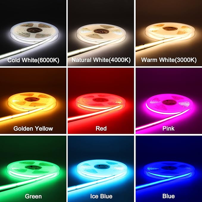 Flexible COB LED Strip Light 12V 4000K Natural White Color, 480LEDs/m 11W/m 16.4FT CRI 90, Super Bright Ribbon LED Tape for Bedroom Kitchen Home Ceiling Decor (DC12V, Without Power Supply)