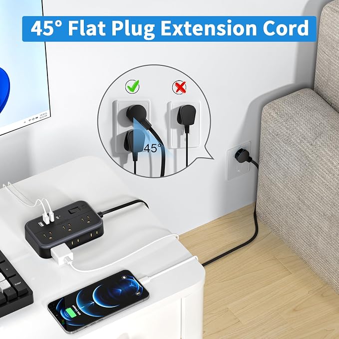 10 in 1Power Strip NTONPOWER Ultra Thin Flat Plug Extension Cord with 4 USB Ports(Include 2 USB C) Surge Protector Power Strip with Flat Cord 6 Widely Spaced Outlet(2 Side) 5 Ft Extension Cord-Black