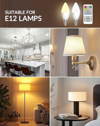 Lustaled 4W E12 LED Candelabra Light Bulbs with Remote Control, Dimmable B11/C37 Candle Bulb 40 Watt Equivalent, 3 Color Temperature & Timer 120V for Chandeliers, Ceiling Fans, Night Lamps