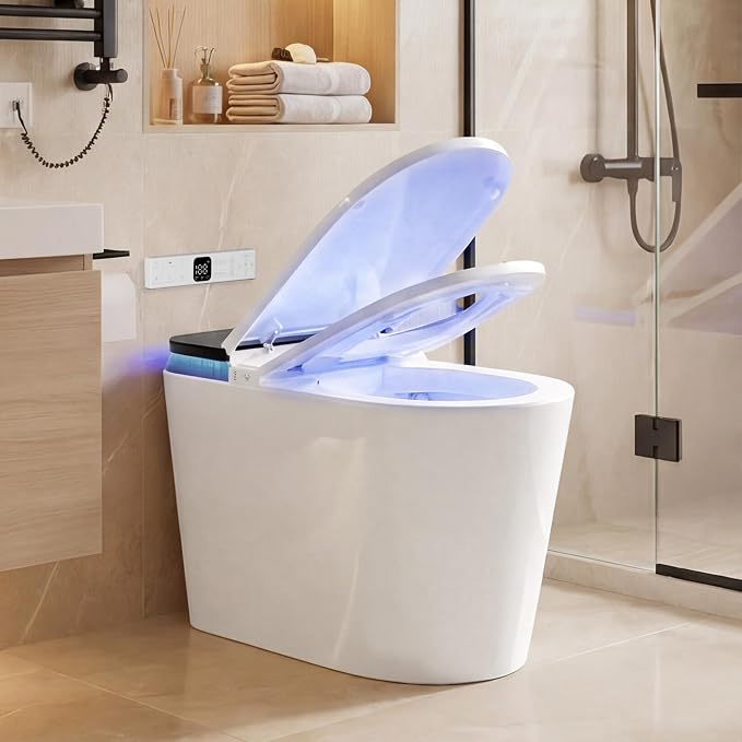 Luxury Smart Toilet with Tank, Elongated Electric Bidet Toilet with Foam Shield, Cleaner Tablets, Dual Auto Flush/Lid&Seat, Foot Sensor, UV-C light, One Piece Toilets with Dryer, LED Display