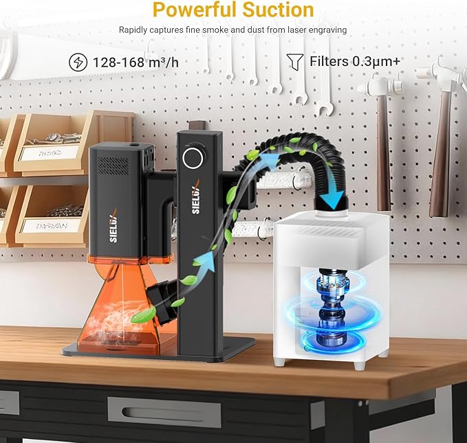 Desktop Fume Extractor for Laser Engraving, HEPA & Activated Carbon Filtration System, 99.97% Smoke & Dust Capture, 168m³/h Suction, Multi-Adapter for Sielux & xTool F1, Low Noise, 110V–220V