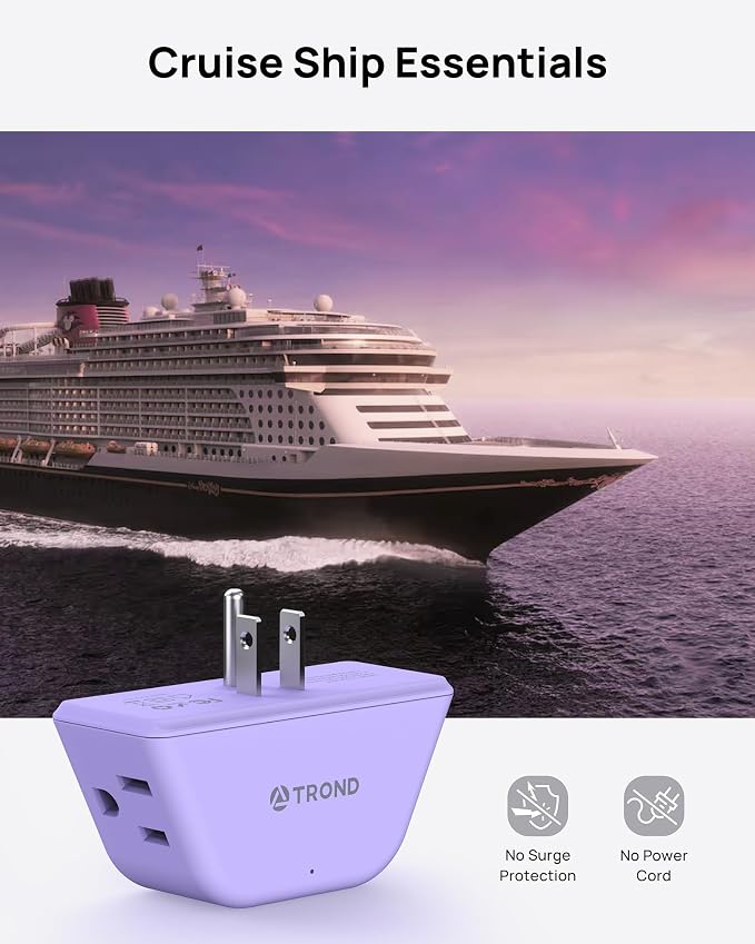 TROND Purple Outlet Extender with 3 Way Angled, for Tight Spaces | 3-Prong Grounded Outlet Adapter, Cruise Ship Essentials, Compact and Practical, for Bathroom and Kitchen