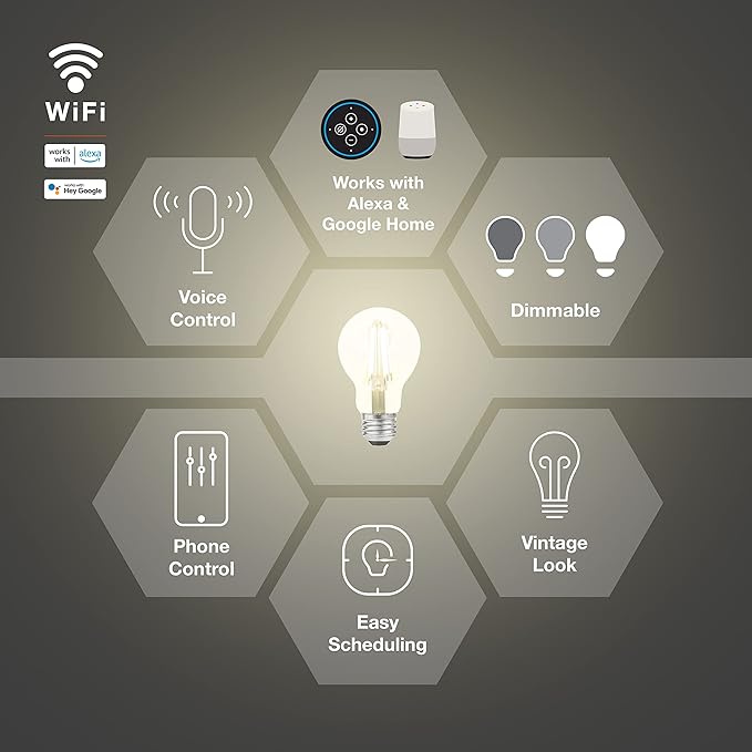 LEDVANCE Sylvania WiFi LED Smart A19 Light Bulb, 7.5W Efficient with Filament, for Alexa/Google Assistant, Energy Star, Clear, 2700K, Soft White - 2 Pack (75797)