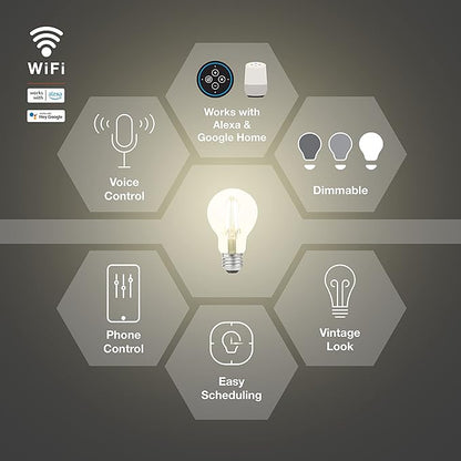 Sylvania WiFi LED Smart A19 Light Bulb, 7.5W Efficient with Filament, for Alexa/Google Assistant, Energy Star, Clear, 2700K, Soft White - 1 Pack (75797)