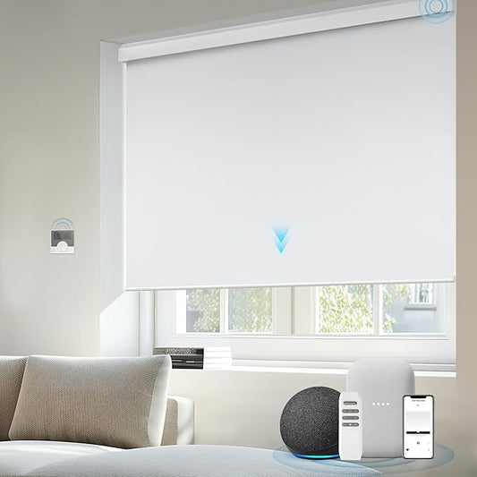 Motorized Blinds Compatible with Alexa Google Custom to 115" Width 100% Blackout Smart Blind Automatic Large Window Roller Shades Remote Control Vinyl White