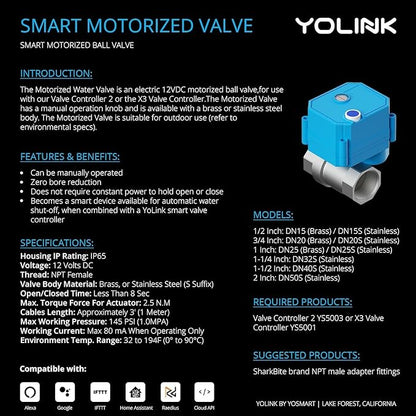 NSF Certified Pulse Meter + Shutoff Valve Kit, 1/2", FlowSmart Controller YS5006 Reads Meter Pulses, Real-Time Usage & Leak Detection, Auto Shutoff (D2D Offline), LoRa Long Range, Hub Included