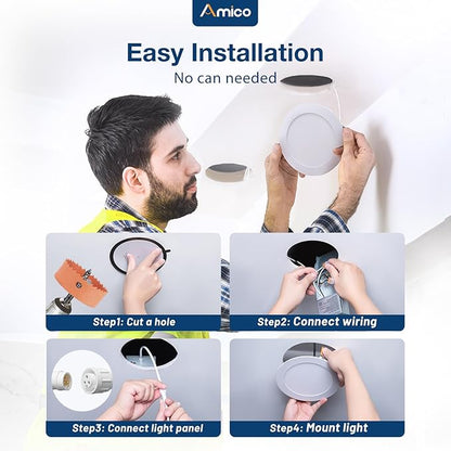 Amico 36 Pack 6 Inch 5CCT Ultra-Thin LED Recessed Ceiling Light with Metal Junction Box, 2700K-5000K Selectable, 1050 LM, Dimmable Canless Wafer Downlight, 12W Eqv 110W-ETL&FCC