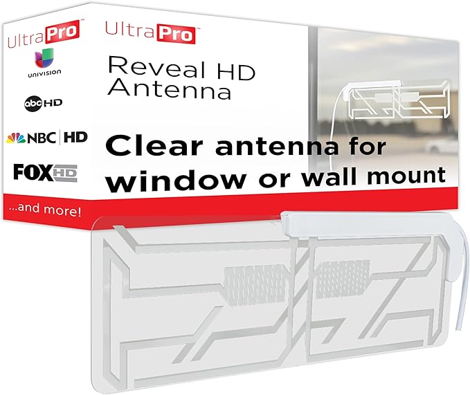 UltraPro Indoor TV Antenna for Smart TV, Long Range HD Local Channels, Easily Mount on Wall or Window, Supports 4K 1080P HDTV VHF UHF, 360° Reception, Clear, 86002
