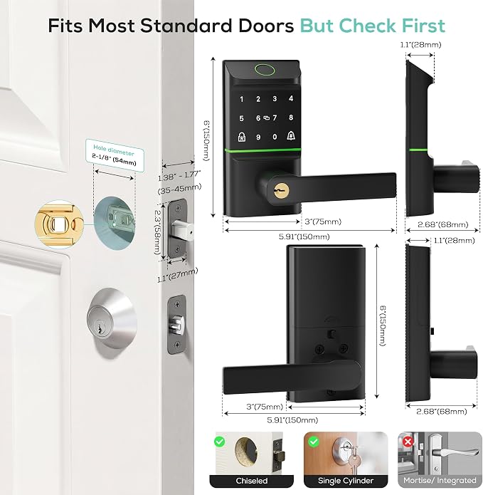 Smart Door Lock Keyless Entry, 6-in-1 Biometric Deadbolt w/Fingerprint, Keypad, IC Card, APP, Key, Type-C Charging, IP65 Waterproof, Bluetooth, Doorbell & Auto-Lock for Front Door Home Security