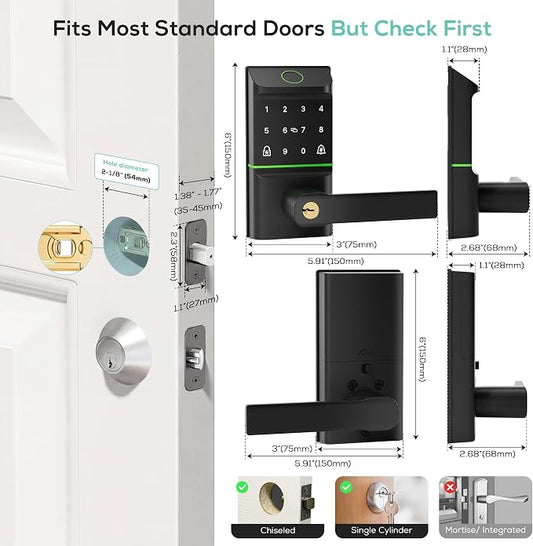 Smart Door Lock Keyless Entry, 6-in-1 Biometric Deadbolt w/Fingerprint, Keypad, IC Card, APP, Key, Type-C Charging, IP65 Waterproof, Bluetooth, Doorbell & Auto-Lock for Front Door Home Security