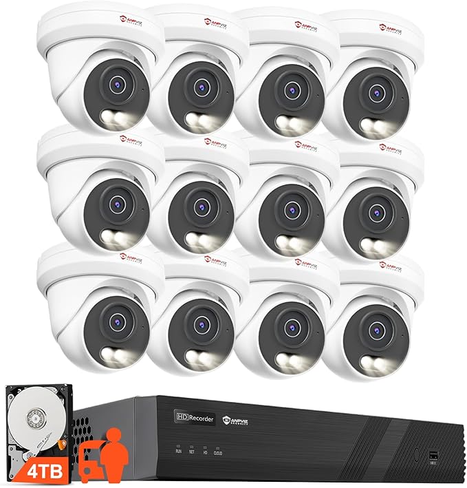 Anpviz 4K 16CH PoE Security Camera System, 12pcs Wired 8MP PoE IP Cameras Outdoor with Human Vehicle Detection, Smart Color Night Vision, 8MP/4K 16 Channel NVR with 4TB HDD for Businesses (U Series)
