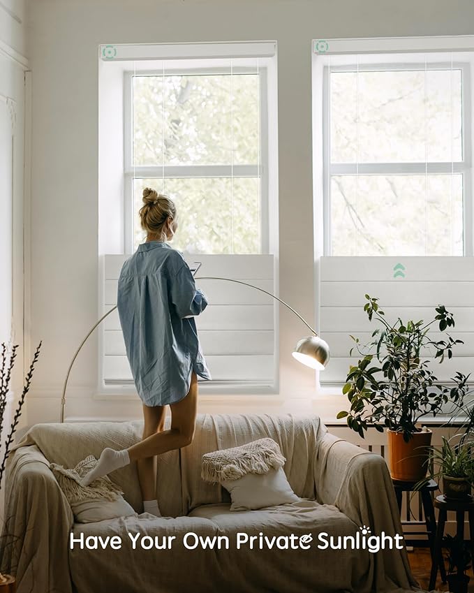 Yoolax Smart Top Down Bottom Up Roman Shades, Motorized Roman Shades with Remote, Blackout Smart Blinds Compatible with Alexa, Google Home, Apple Homekit for Living Room, Customized (Texture White)