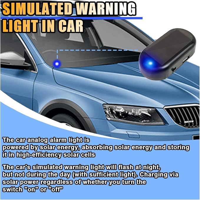 JOYCOURT Car Solar Power Simulated Dummy Alarm, Flash Warning LED Light Alarm, Anti-Theft LED Warning, Flashing Security Light Fake Lamp with USB Port, Car Accessories for Most Cars (Blue, 1PC)