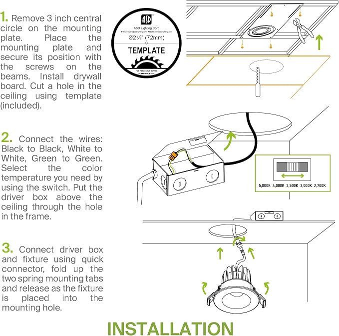 ASD 2 Inch LED Recessed Lighting with Junction Box, 15W 120-277V, Dimmable Anti-Glare Downlight, 2700K/3000K/3500K/4000K/5000K Selectable, CRI 90+, Round White Trim, IC Rated, ETL, Energy Star
