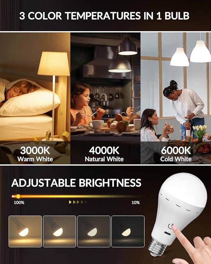 E26 Rechargeable Led Light Bulbs with Remote, 3 Colors Dimmable E26 Battery Operated Light Bulb with Timer, Emergency Rechargeable Light Bulbs, Up to 35 Hours (4 Packs)