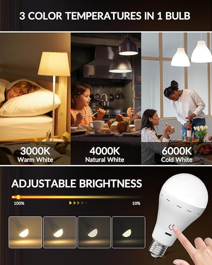 E26 Rechargeable Led Light Bulbs with Remote, 3 Colors Dimmable E26 Battery Operated Light Bulb with Timer, Emergency Rechargeable Light Bulbs, Up to 35 Hours (4 Packs)