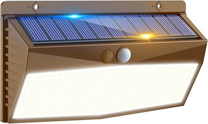 368 LED Solar Lights Outdoor Motion Sensor, Solar Fence Light with 3 Lighting Modes, Solar Powered Security Lights Waterproof for Outside Yard Wall Garden Backyard，Brown