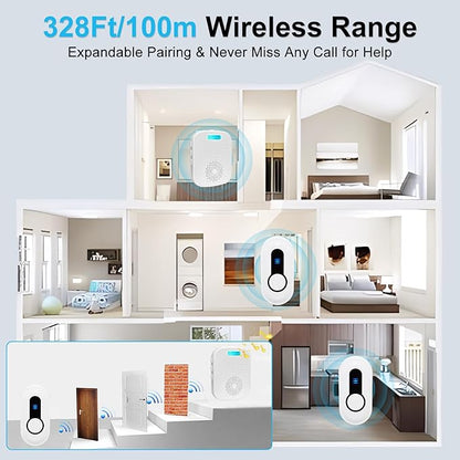 SanJie Wireless Caregiver Pager Call Bell for Patients at Home 328Ft Range Call Button for Elderly Life Alert Systems for Seniors (2 Rechargeable & Portable Receiver,3 Emergency Button)
