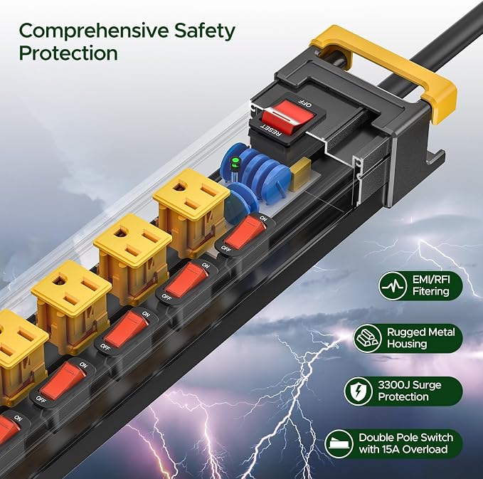 12 Outlet Long Heavy Duty Metal Surge Protector Power Strip