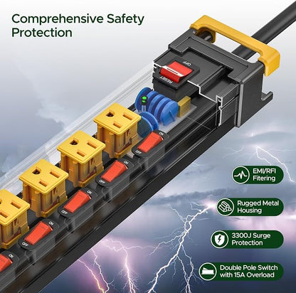 12 Outlet Long Heavy Duty Metal Surge Protector Power Strip